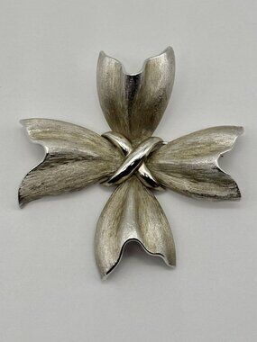 Vintage Crown Trifari Brushed Ribbon Maltese Cross Brooch Silver-Tone, 1950s/60s